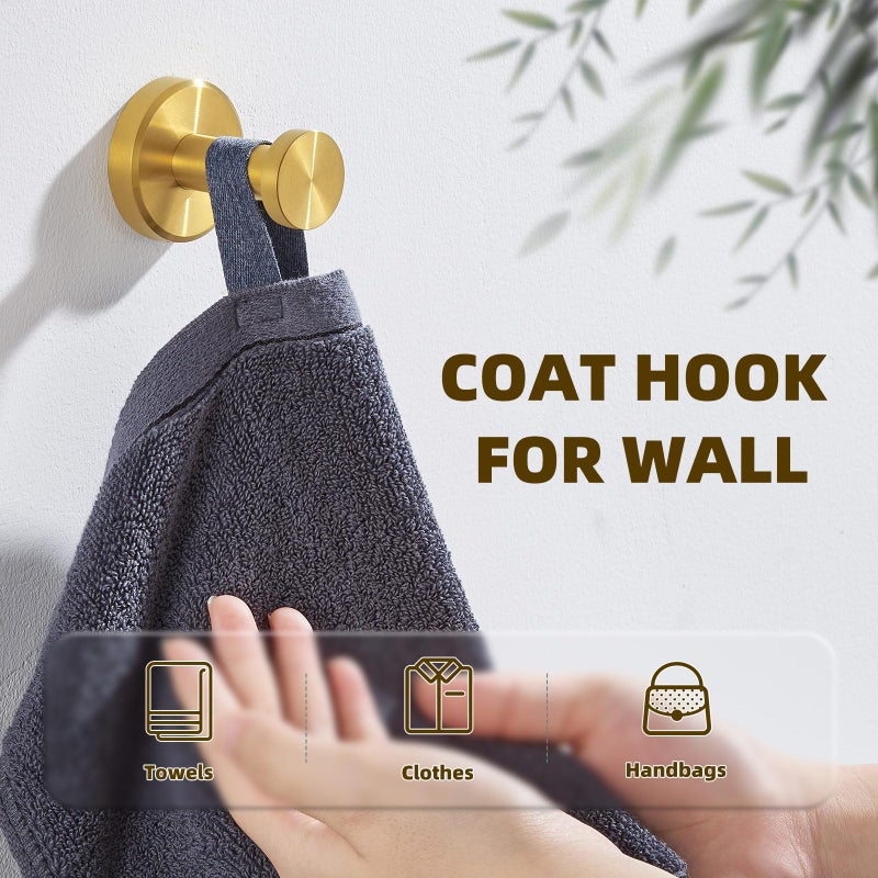 APLusee Brushed Gold Towel Hook for Bathroom, 304 Stainless Steel Round Towel Hanger, Heavy Duty Wall Hook for Kitchen Garage Wall Mounted - Image 4